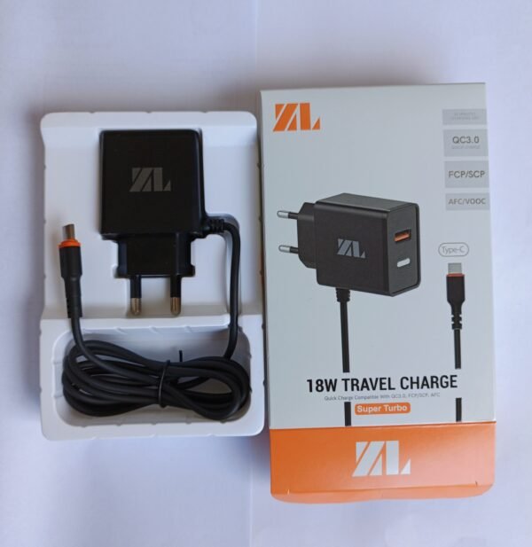 18W travel charger with Type-C cable and Quick Charge 3.0 packaging and product image